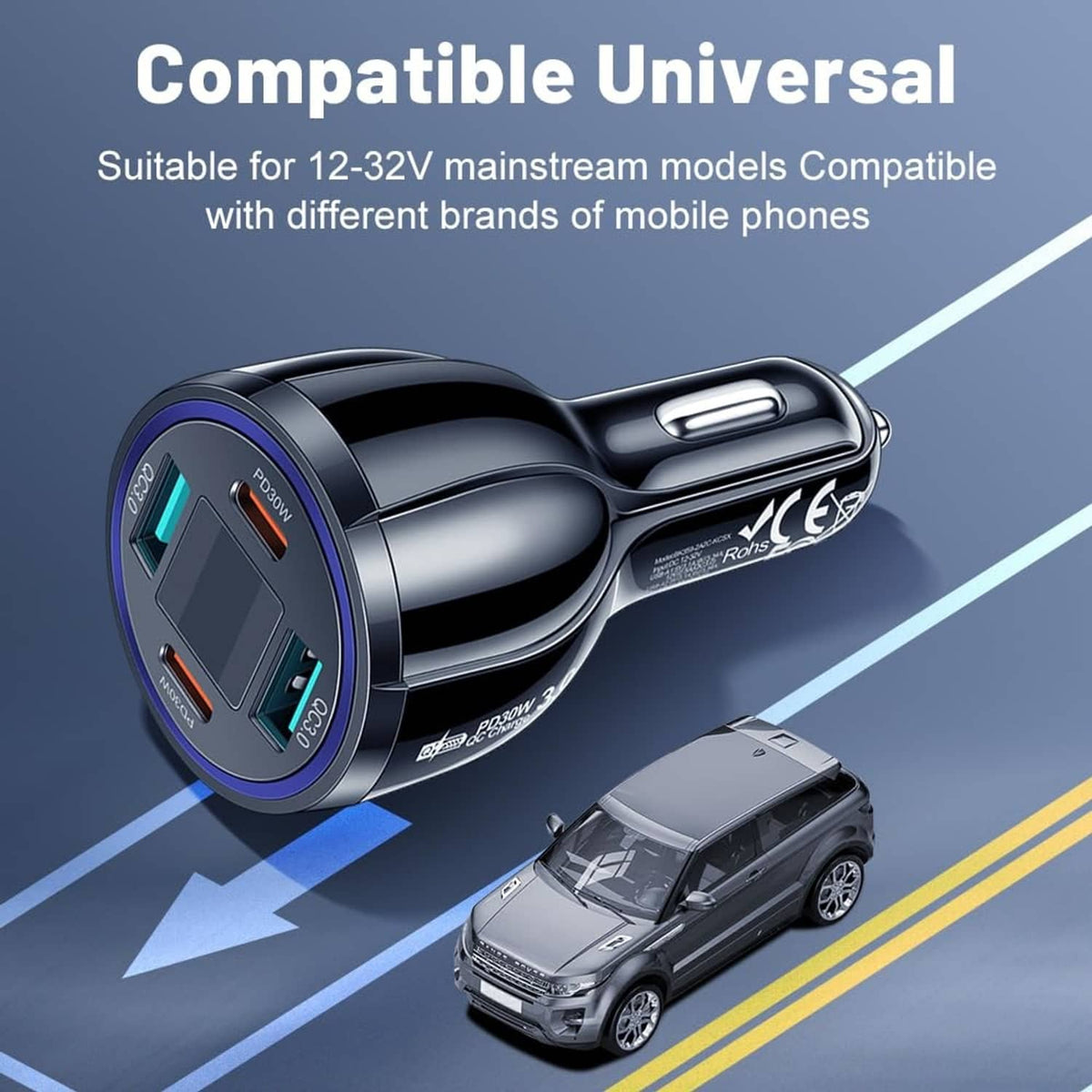 Black car USB-C phone charger adapter with blue-ringed digital voltmeter