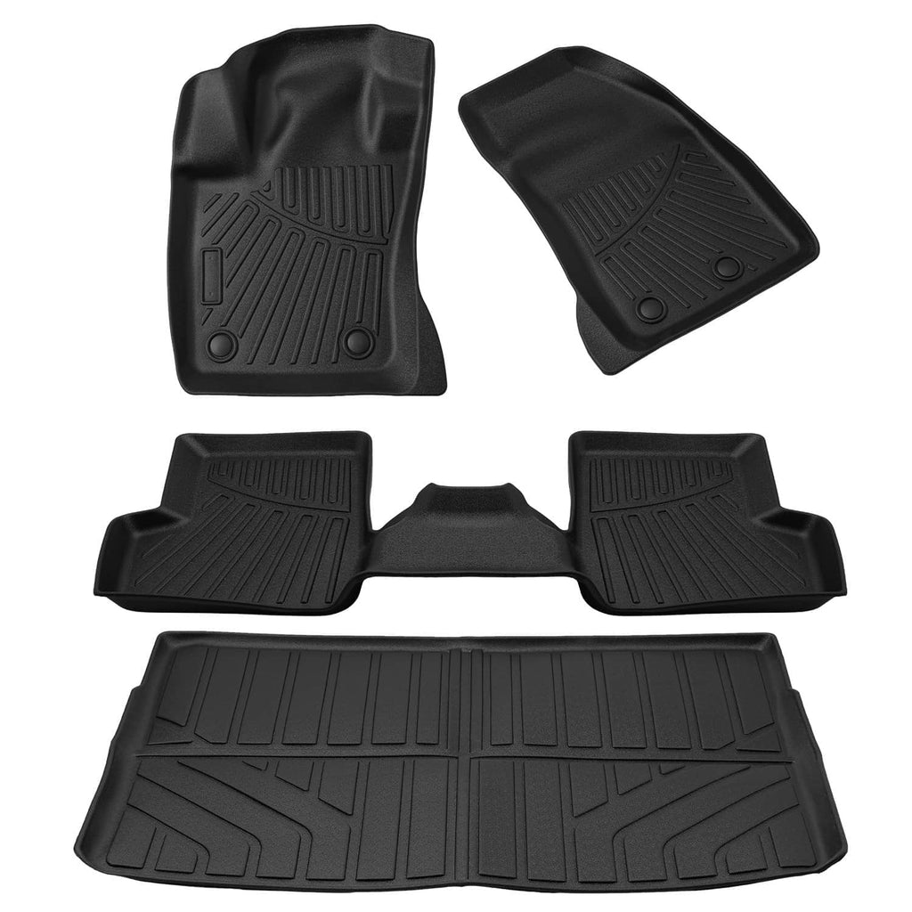 Black TPE floor mat set with three-row coverage, textured tread patterns