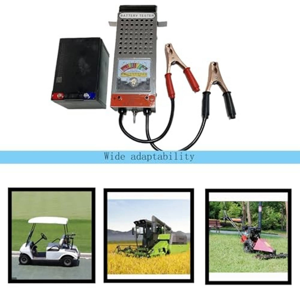 Battery tester kit with analog meter, black control box, and clamp leads