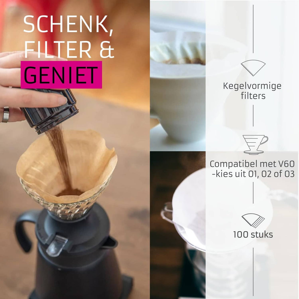 White V60-style paper filter, Size 02, in use over a dripper
