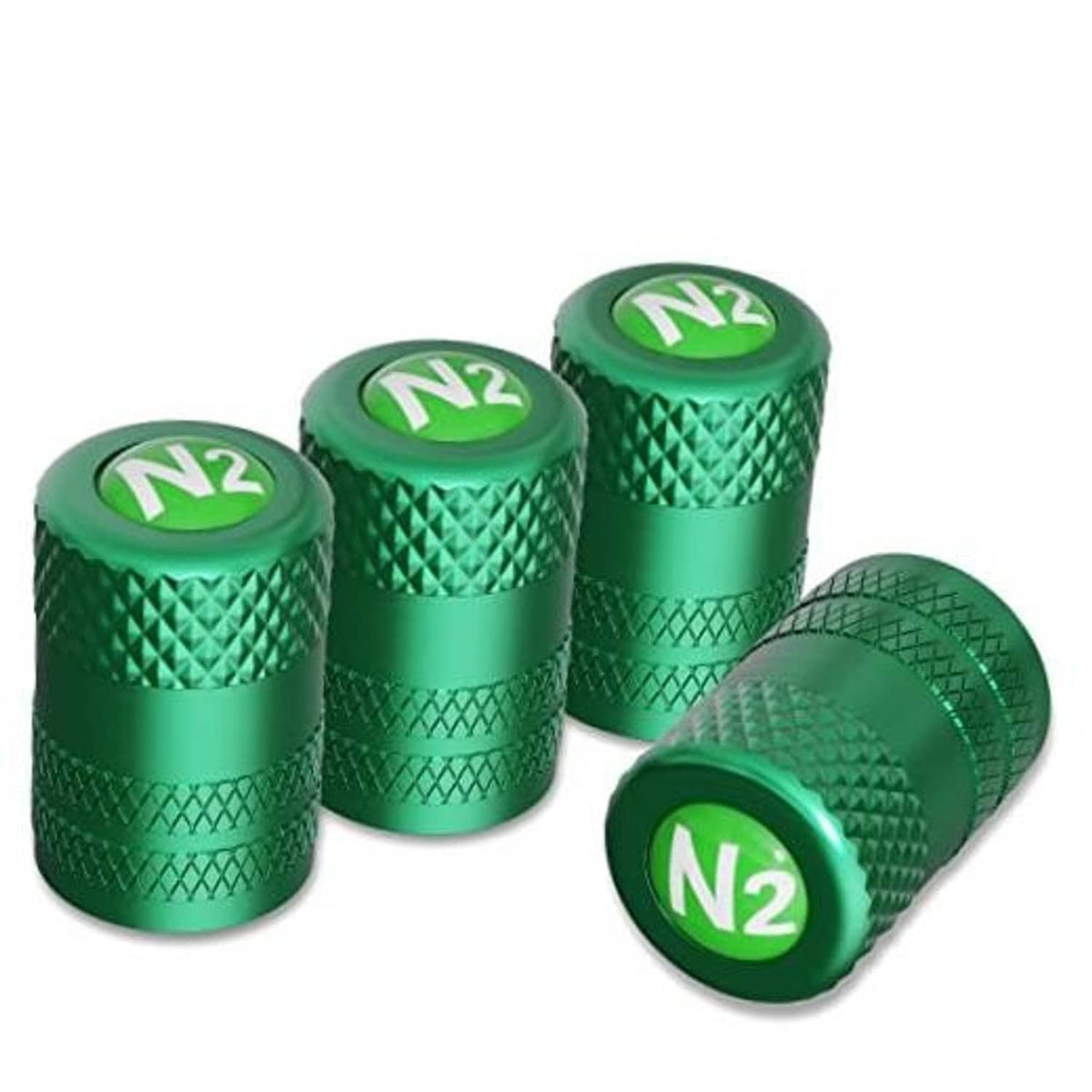 Green anodized aluminum tire valve stem caps set with N2 logo, 4-pack