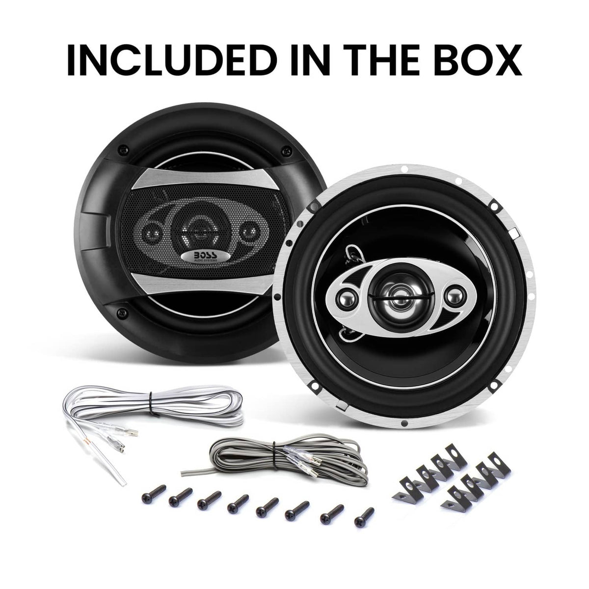 Car speaker pair with grille, wire harness, and mounting hardware included