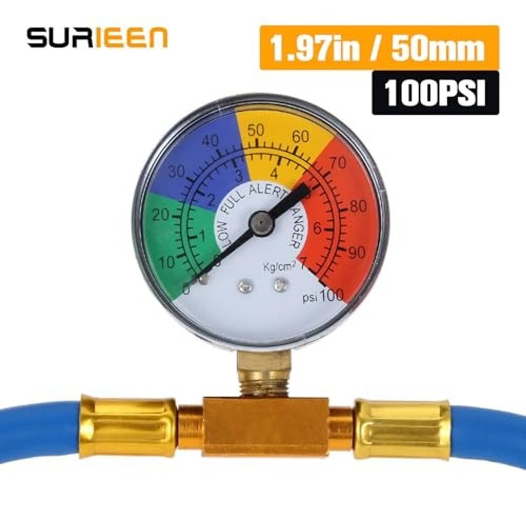 AC pressure gauge with blue hose and brass connectors, 100 PSI