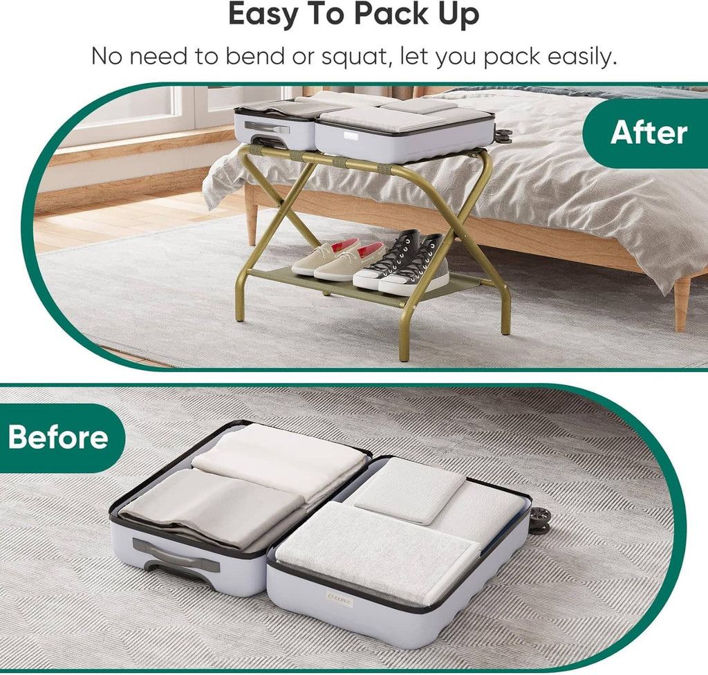 Foldable luggage rack demonstrating easy packing, with a folded frame and fabric shelf.