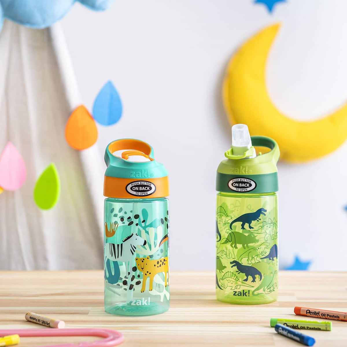 Kids dinosaur safari water bottles, teal and lime, with open flip spout lids and straw