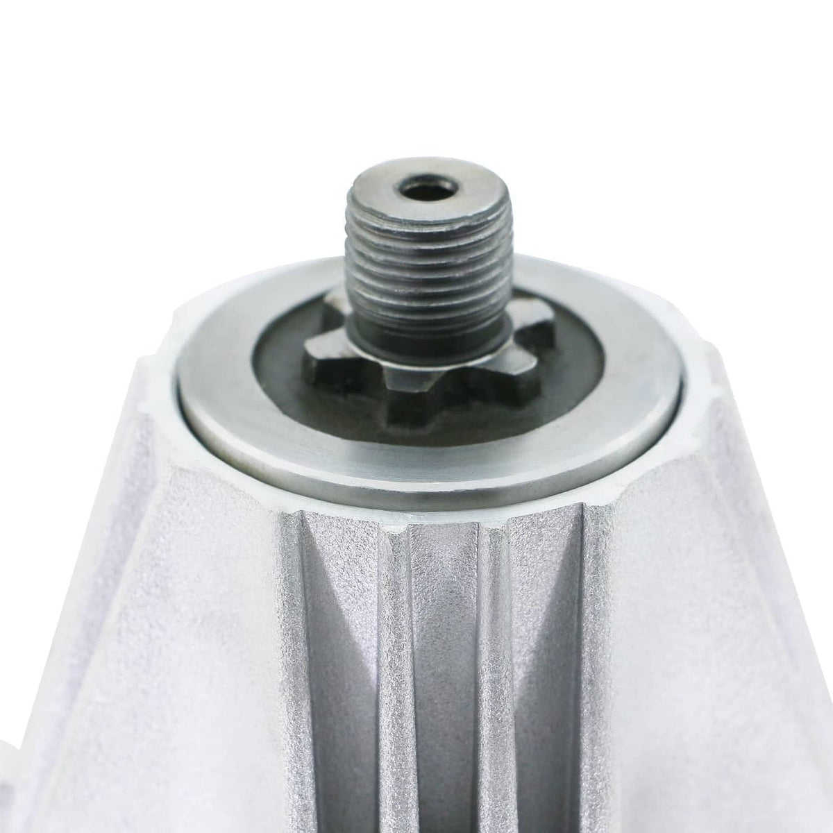 Threaded stud on silver pulley mount with textured housing