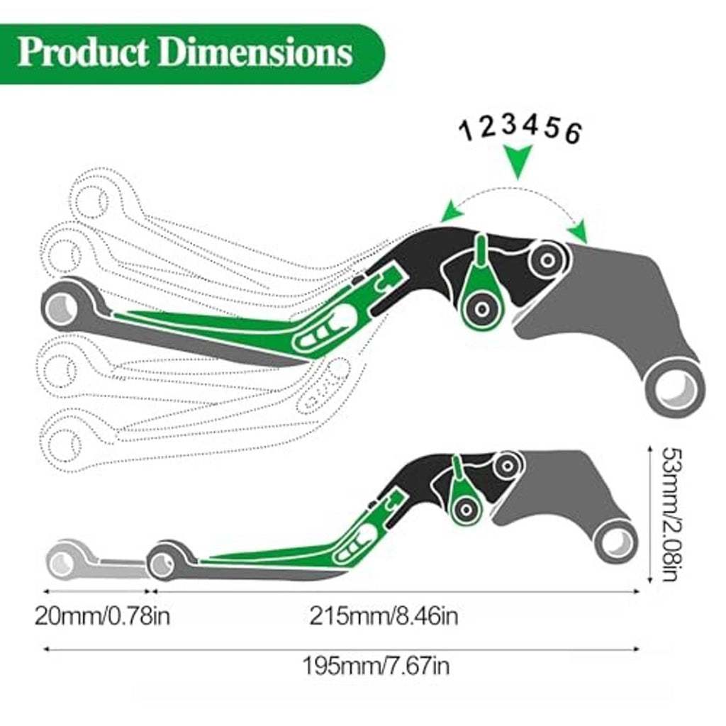 Green CNC motorcycle brake and clutch lever dimensions diagram with measurement lines