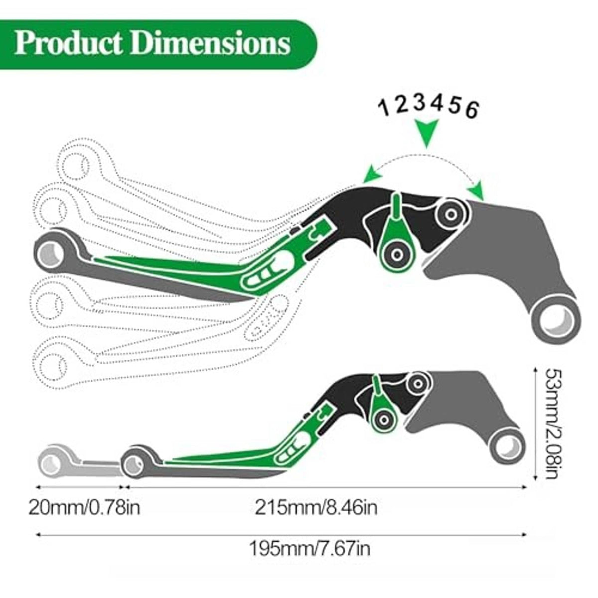 Green CNC motorcycle brake and clutch lever dimensions diagram with measurement lines