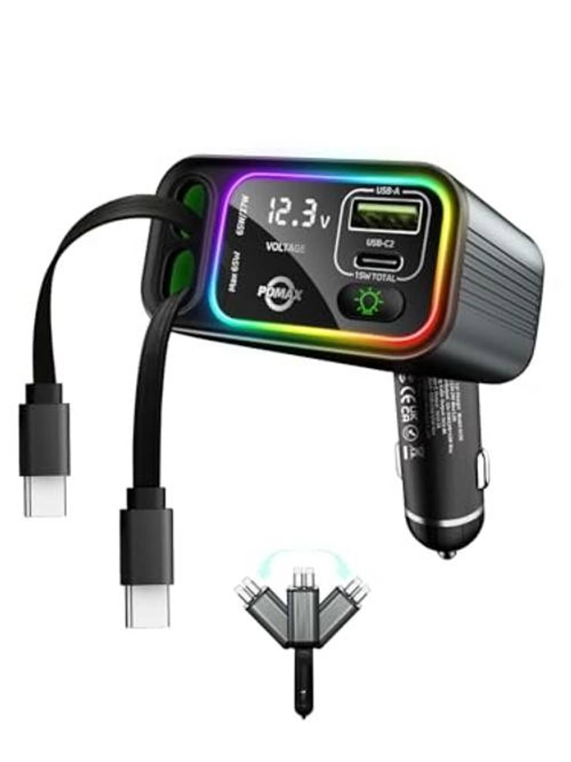 Retractable car USB-C charger with LED screen and two attached USB-C plugs