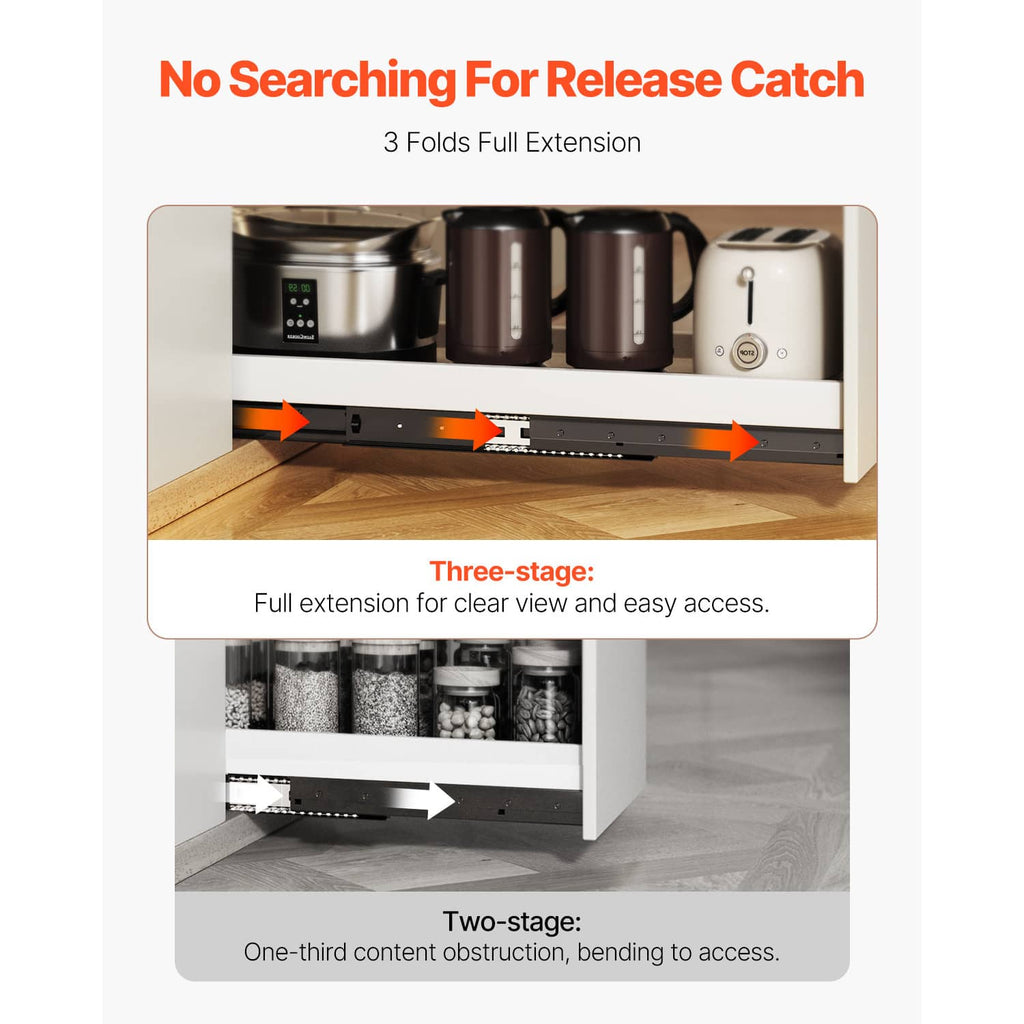 Full-extension drawer slide rail with locking-release catch design and three-stage travel.