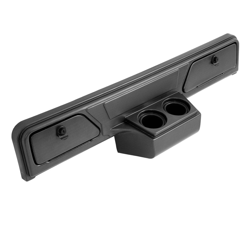 Carbon fiber-style dashboard dash cover with two cup holes, two lock openings, and center mount