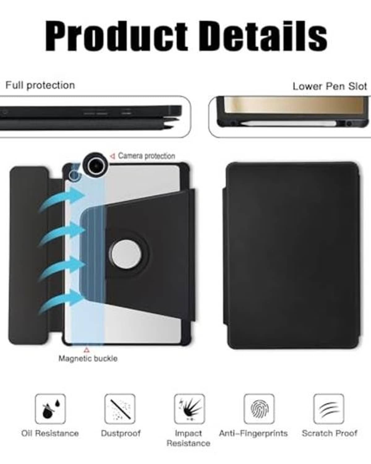 Black keyboard case with camera cutout and magnetic buckle; protective, scratch-resistant design