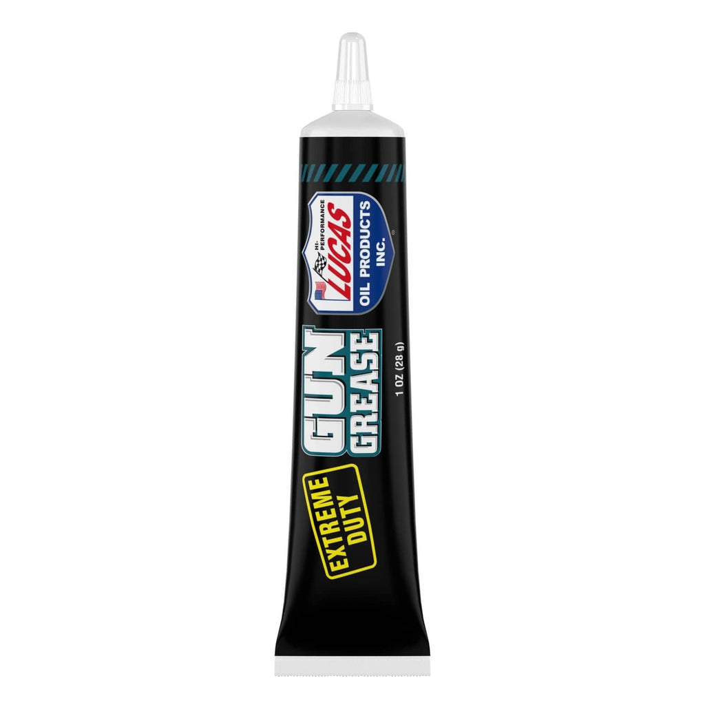 Lucas Oil extreme duty grease tube, black with blue stripe and white nozzle.