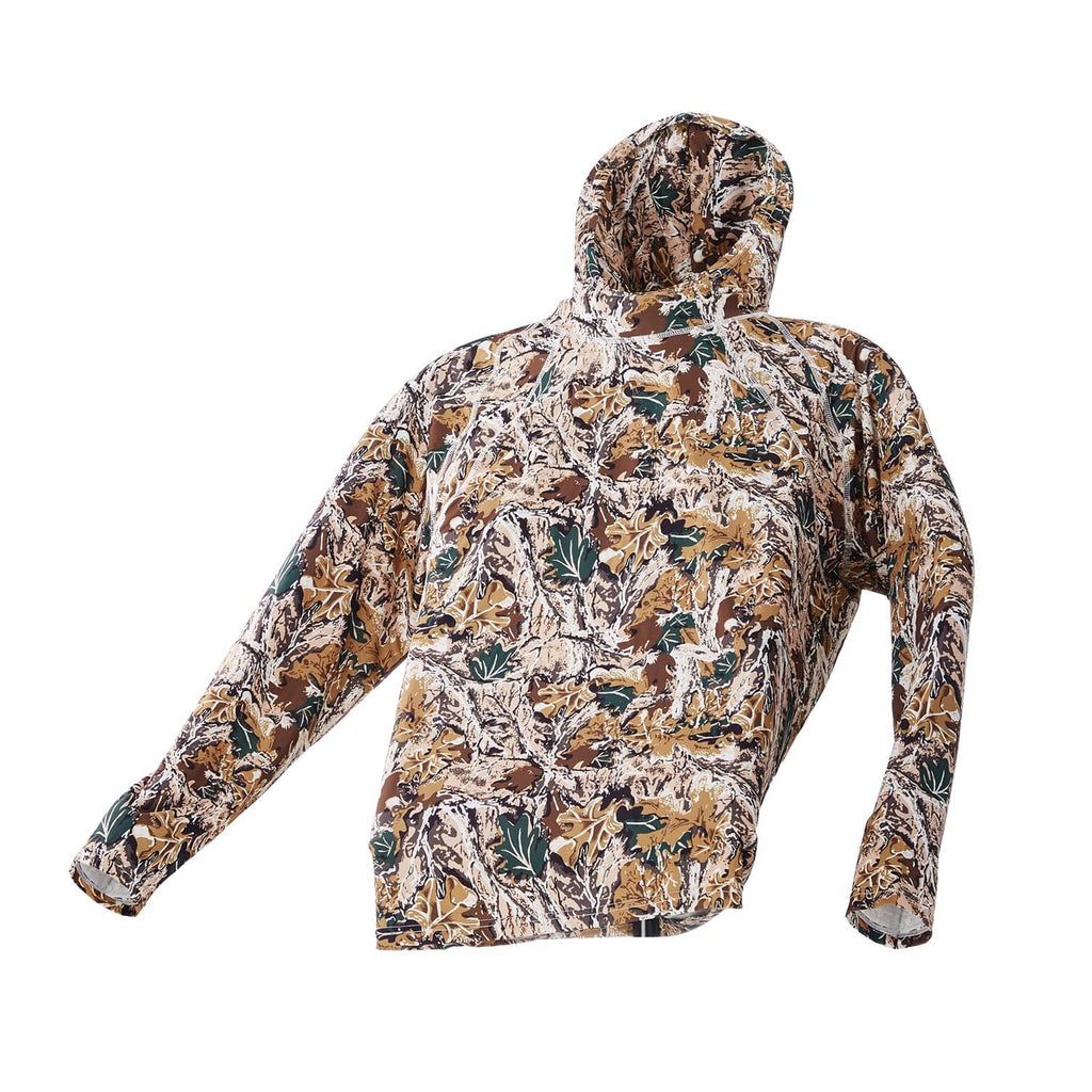 Men's camo pullover hoodie with hood, all-over camouflage print, long sleeves