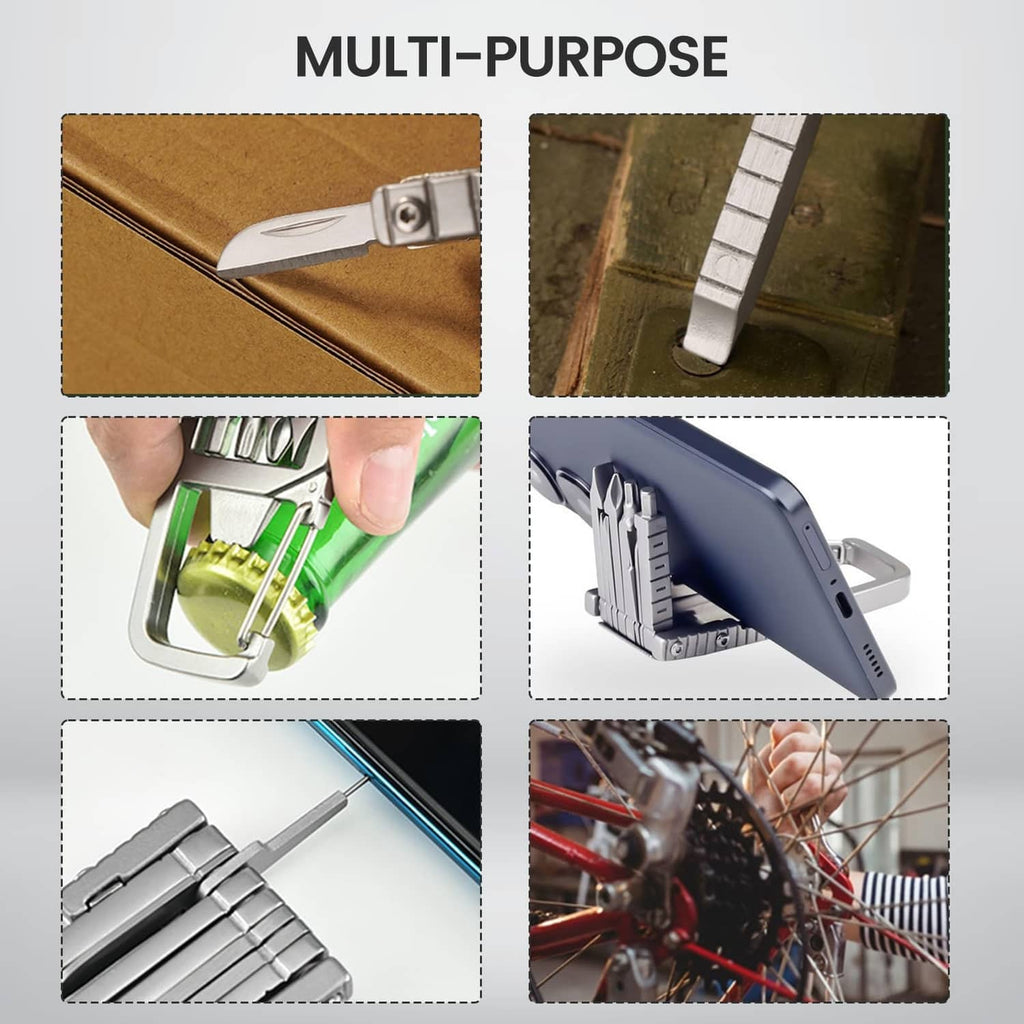 Stainless steel multi-tool with multiple attachments for everyday tasks, shown in use panels