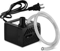 Black mini submersible water pump with power plug, clear hose, and outlet tube