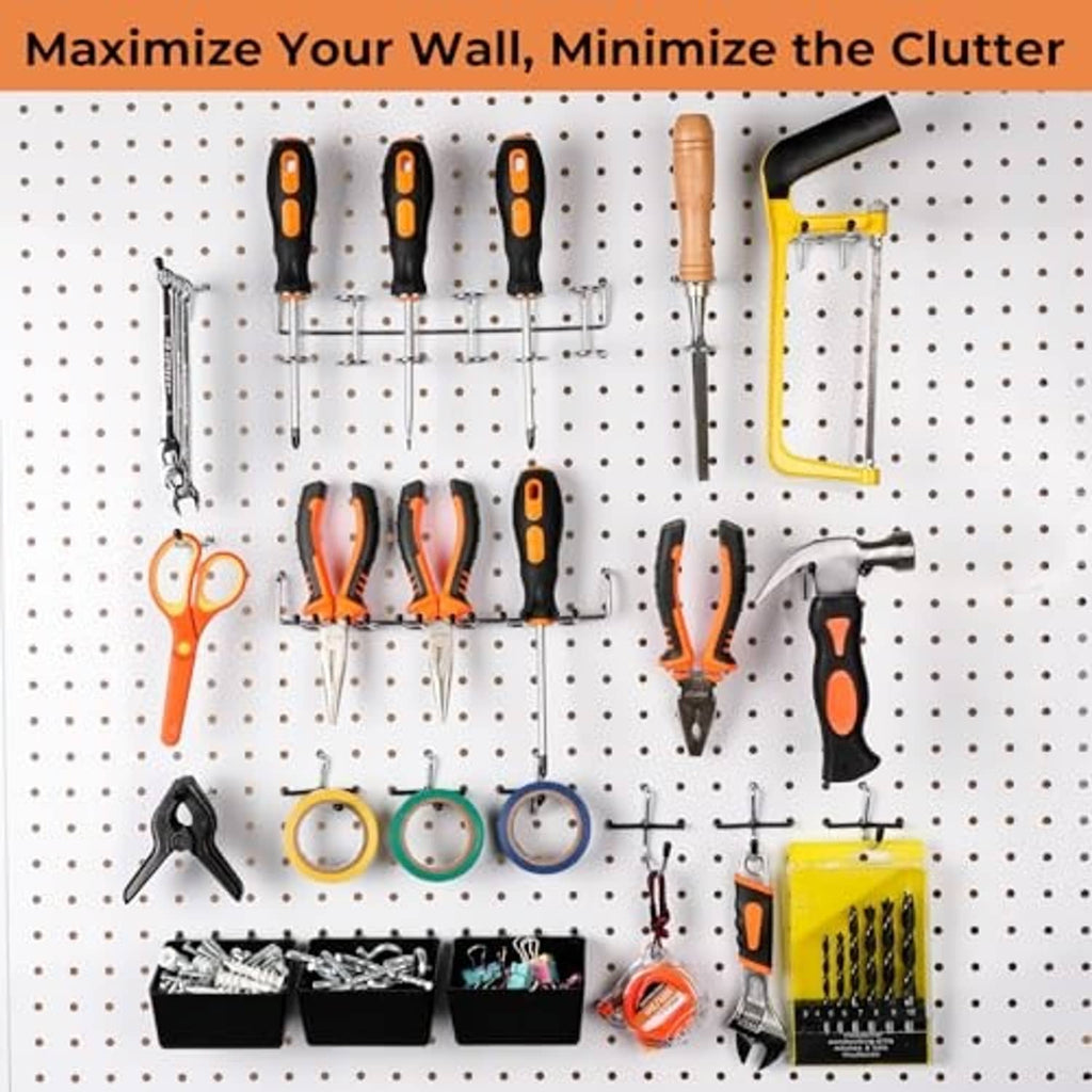 Pegboard wall tool hooks holding screwdrivers, scissors, tape, and small accessories
