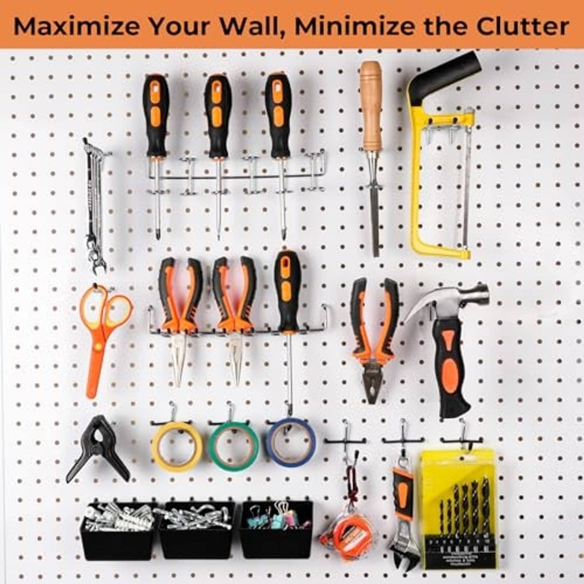 Pegboard wall tool hooks holding screwdrivers, scissors, tape, and small accessories