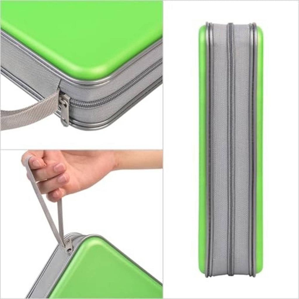 Green CD/DVD case opened view, showing gray elastic bands and zipper closure