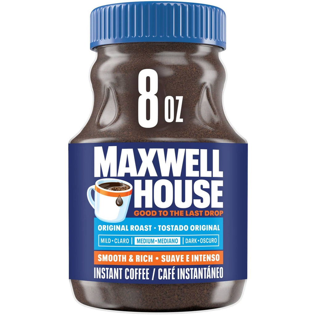 Maxwell House Original Roast instant coffee jar, blue lid, 8 oz