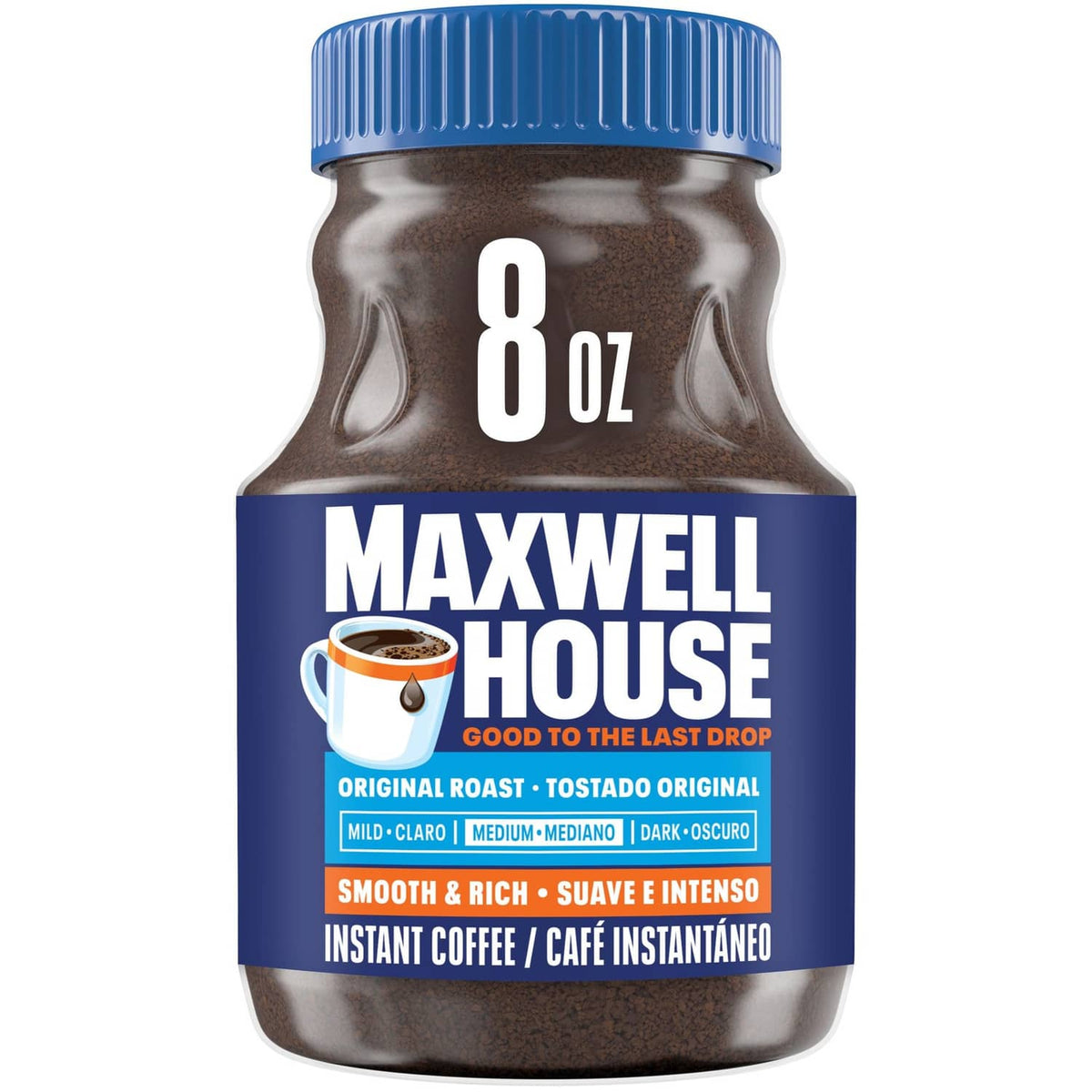 Maxwell House Original Roast instant coffee jar, blue lid, 8 oz