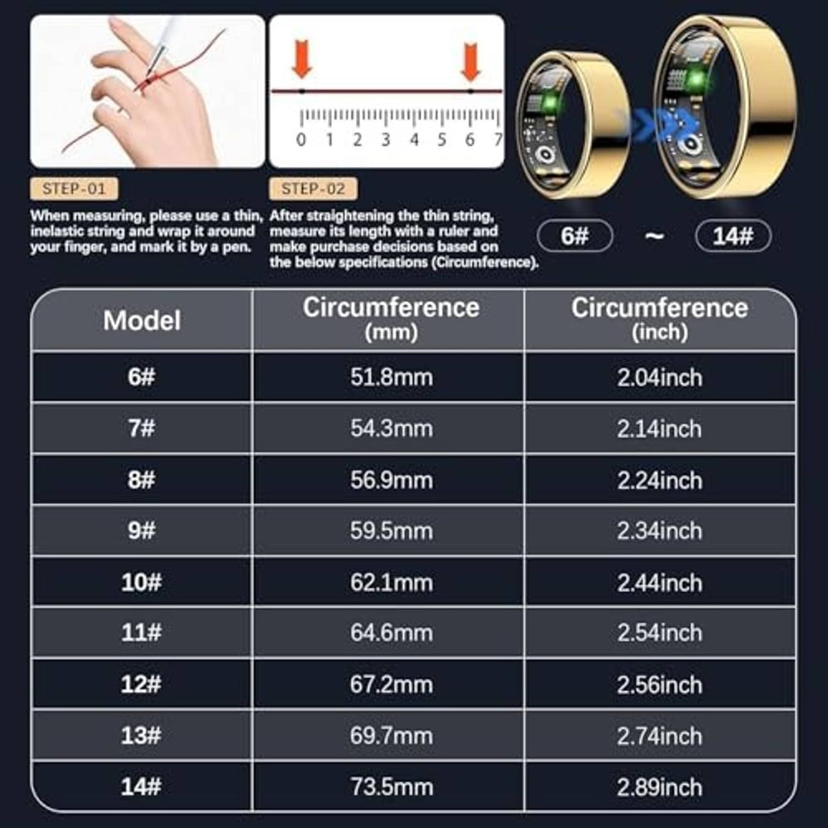 Gold smart health ring with sizing guide view for ring circumference