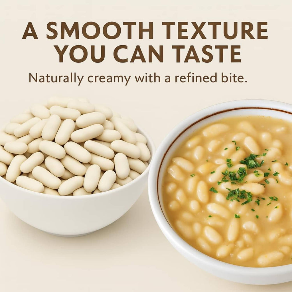 White cannellini beans in bowl with bowl of creamy bean soup