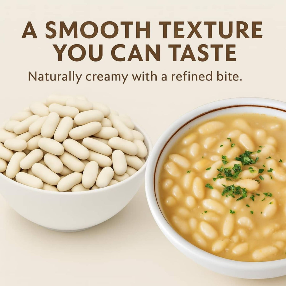 White cannellini beans in bowl with bowl of creamy bean soup