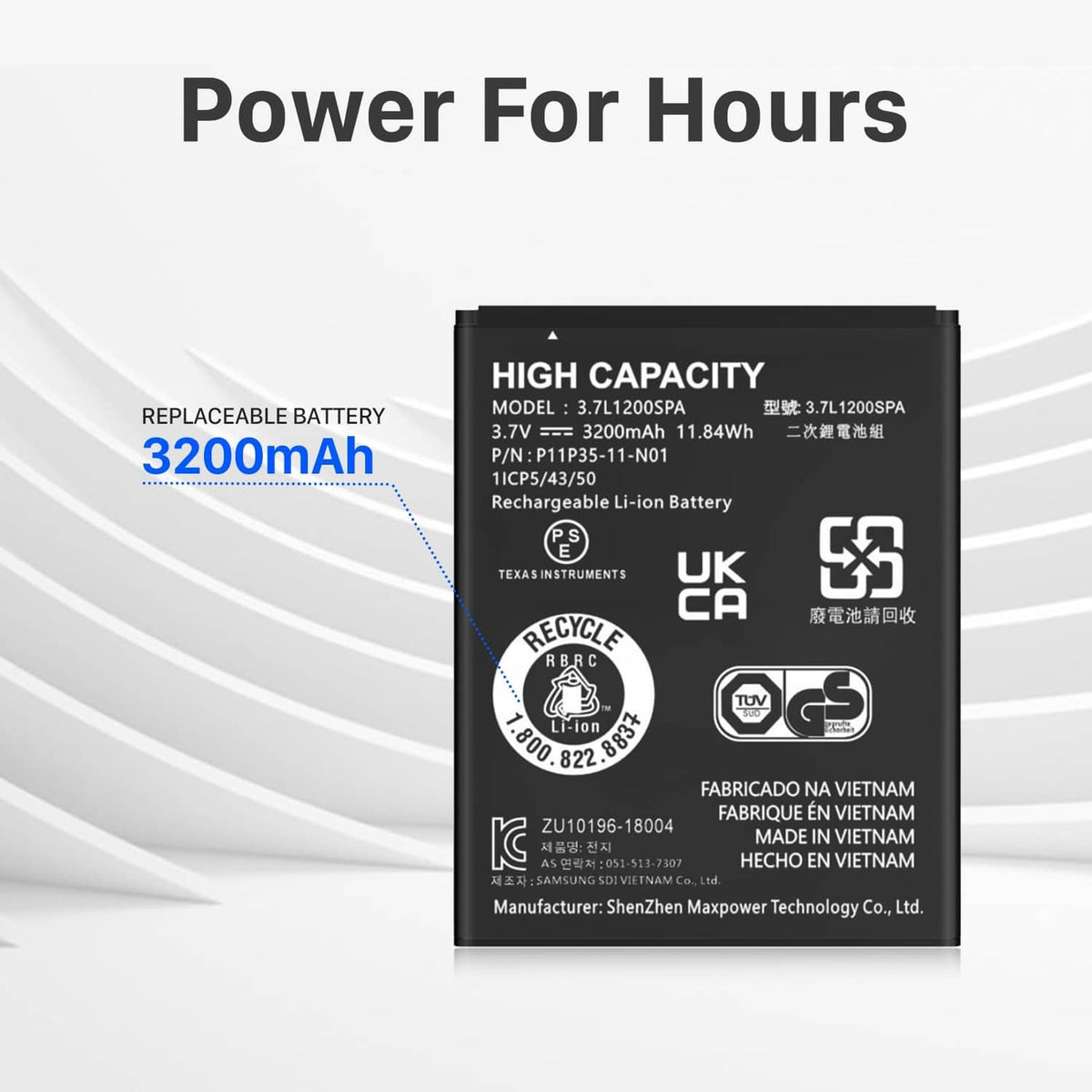 Black rechargeable Li-ion battery, 3200mAh capacity