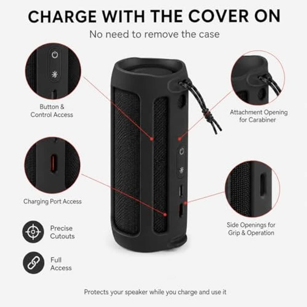 Black silicone speaker cover with access cutouts for charging and controls