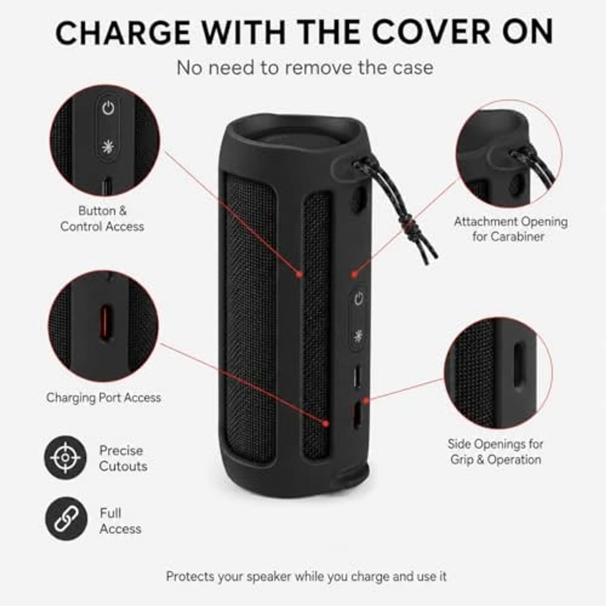 Black silicone speaker cover with access cutouts for charging and controls