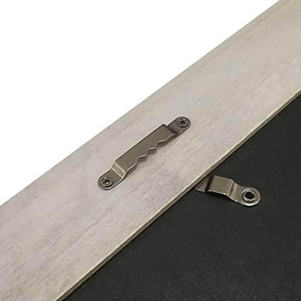 Wooden picture frame back with metal hanging clip and latch hardware