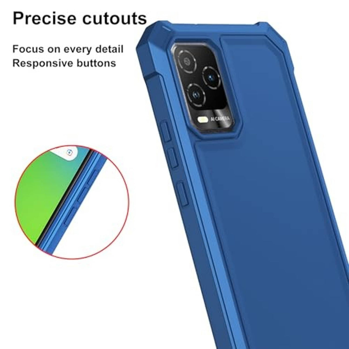 Blue phone case with precise cutouts for camera lens and side button access