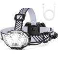 Gray-and-black headlamp with striped strap, round 5-LED front, and white USB-C cable