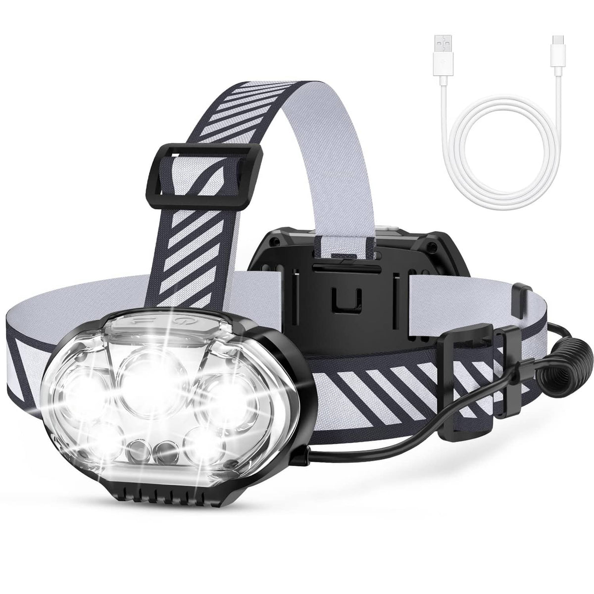 Gray-and-black headlamp with striped strap, round 5-LED front, and white USB-C cable