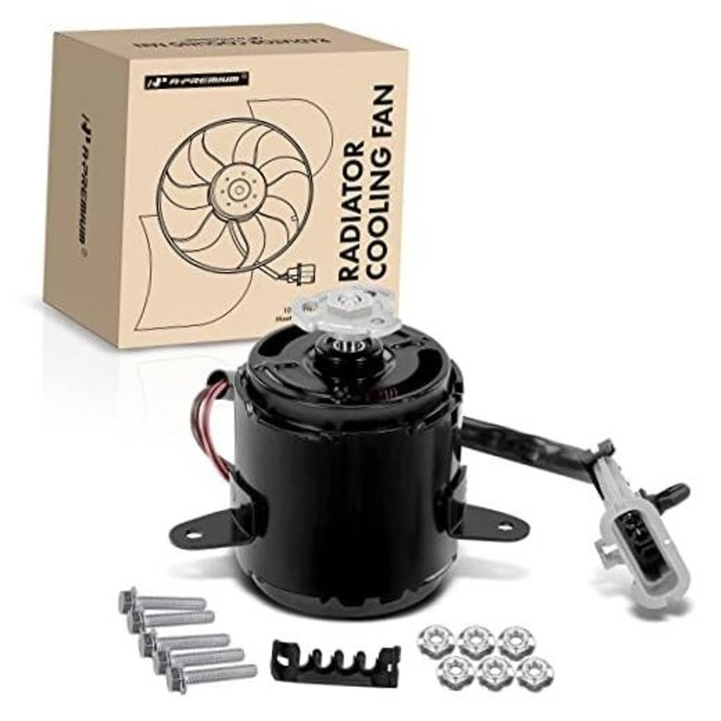 Radiator cooling fan motor with mounting brackets, bolts, and wire connector, right side