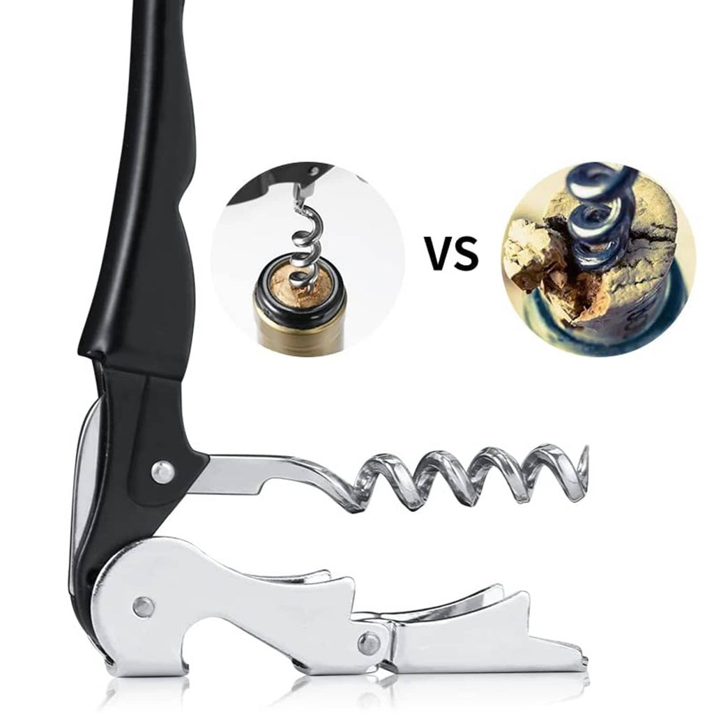 Waiter's corkscrew with long spiral worm and hinged lever, black handle, chrome body