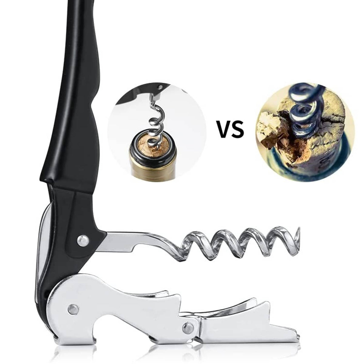 Waiter's corkscrew with long spiral worm and hinged lever, black handle, chrome body