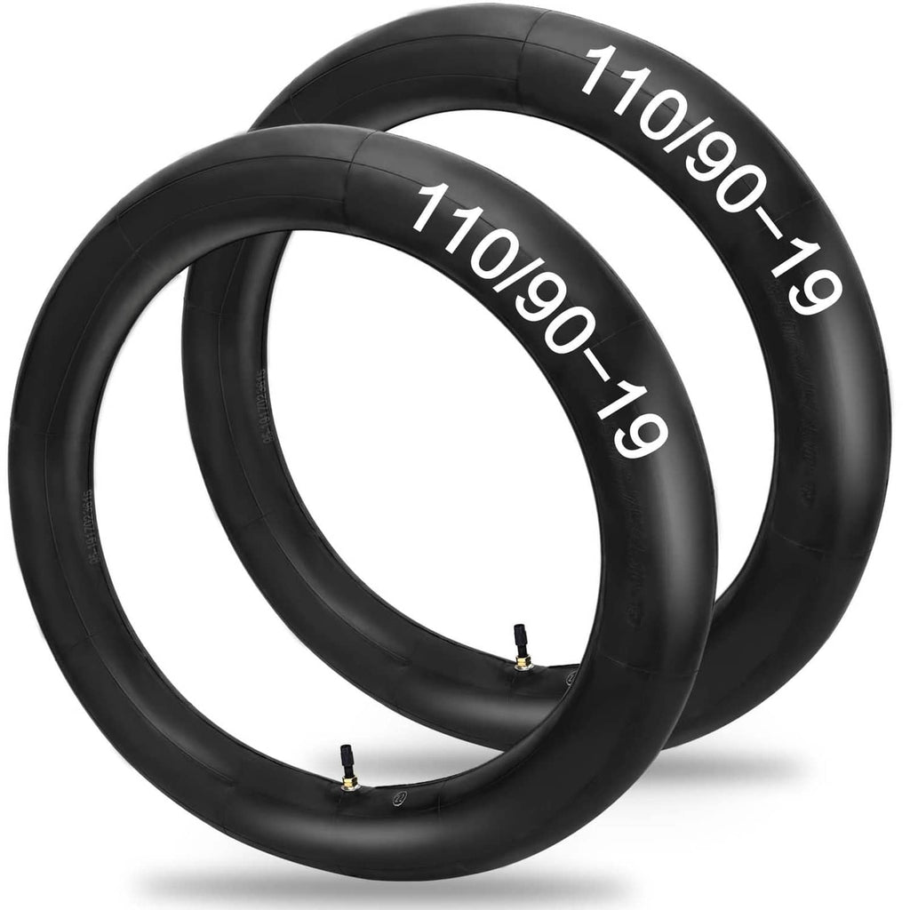 Black inner tubes for 110/90-19 dirt bikes, two loops with brass valve stems