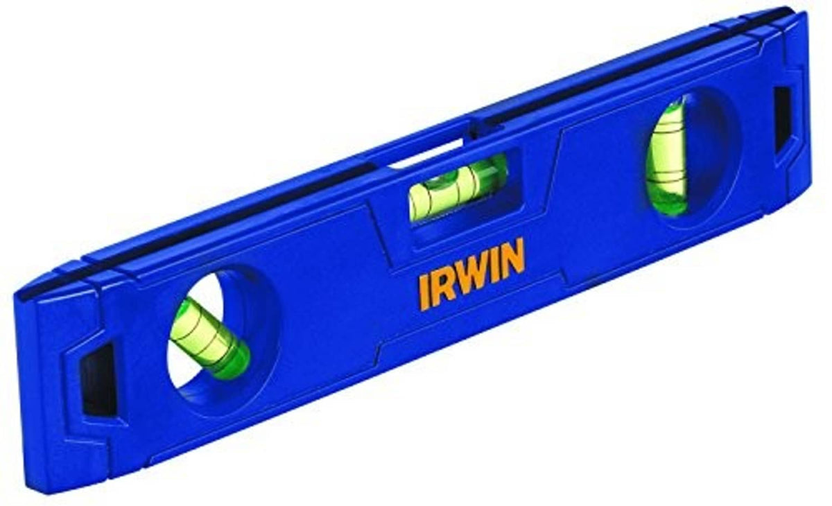 Blue 9-inch magnetic torpedo level with IRWIN logo and two vial windows