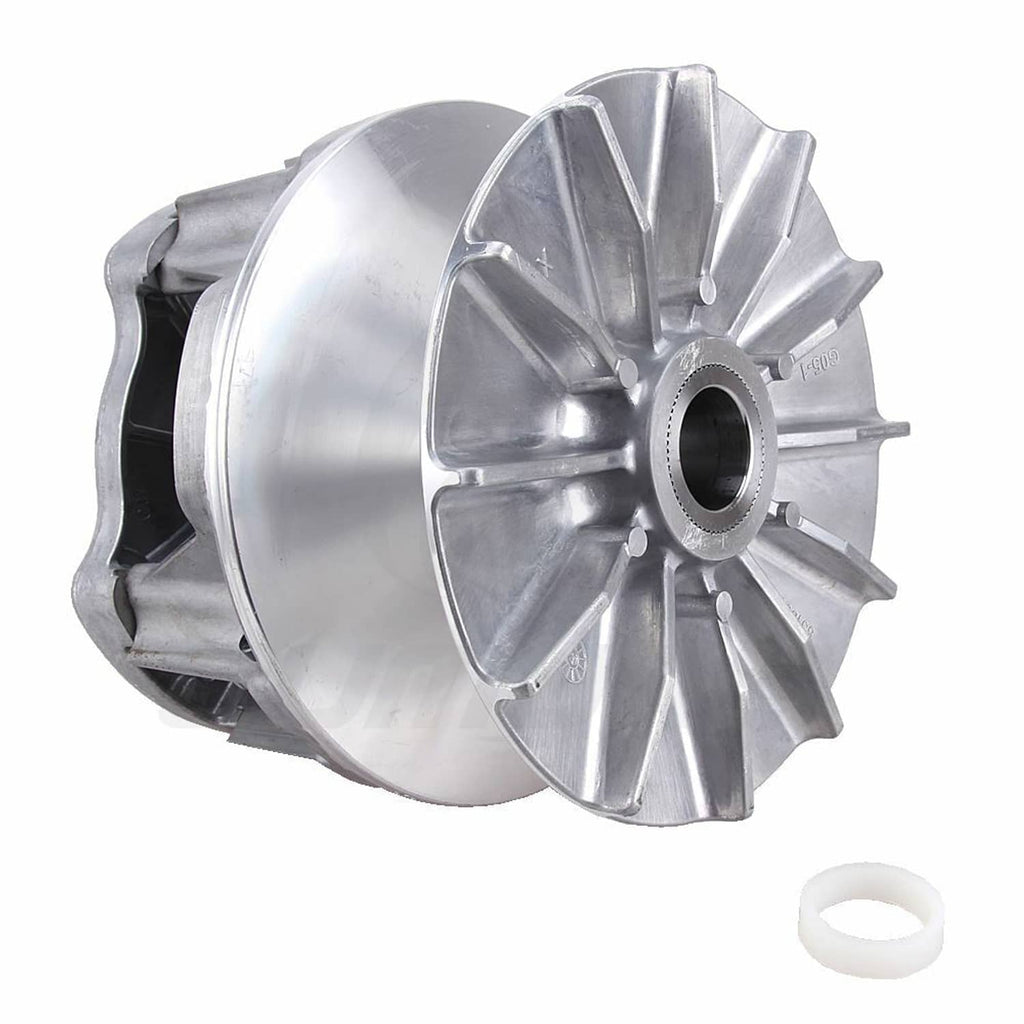 Primary drive clutch with machined metal fan-like outer plate and central hub opening