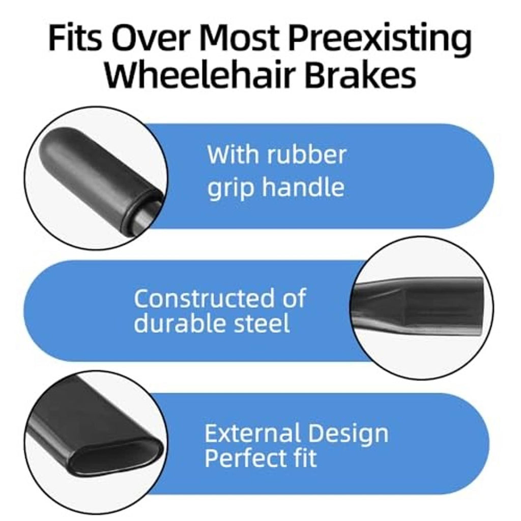 Black steel brake handle extensions with rubber grip handle, shown fitting over wheelchair brakes