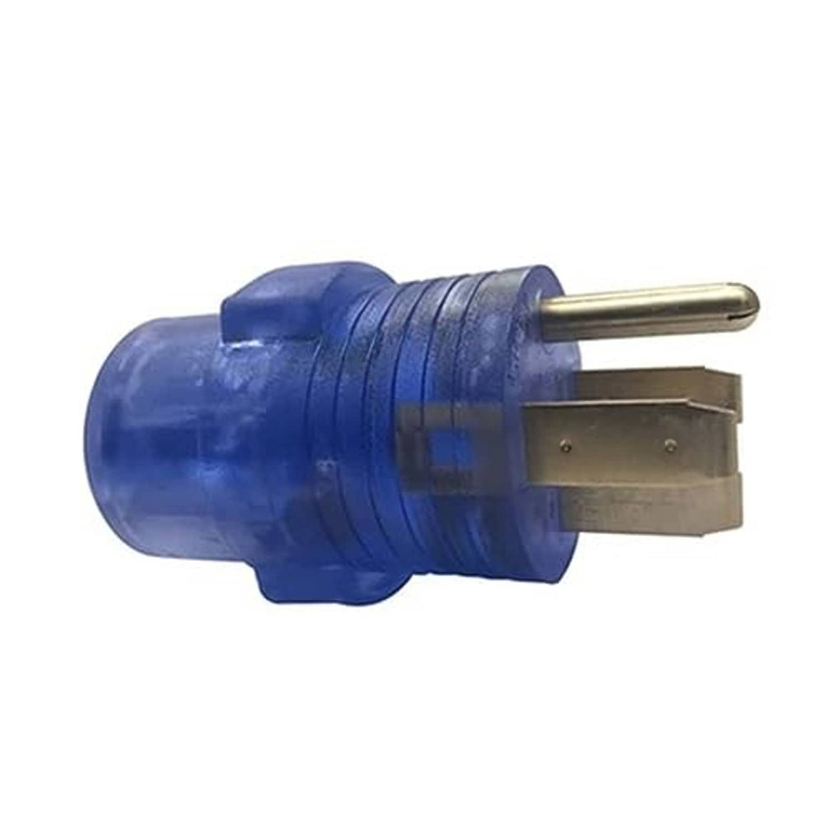 Blue RV power conversion plug with gold pins and flat blade terminals, compact angled shot