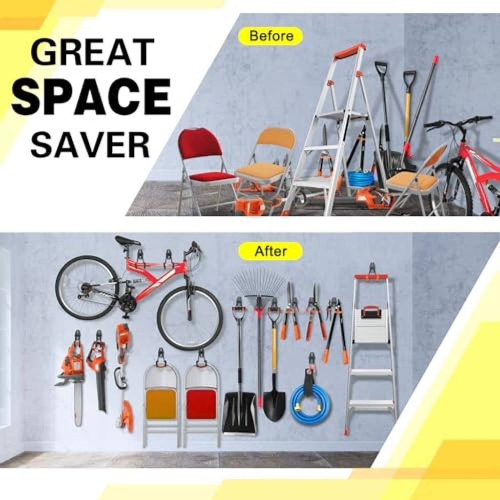 Set of black U-shaped storage hooks arranging tools on a wall