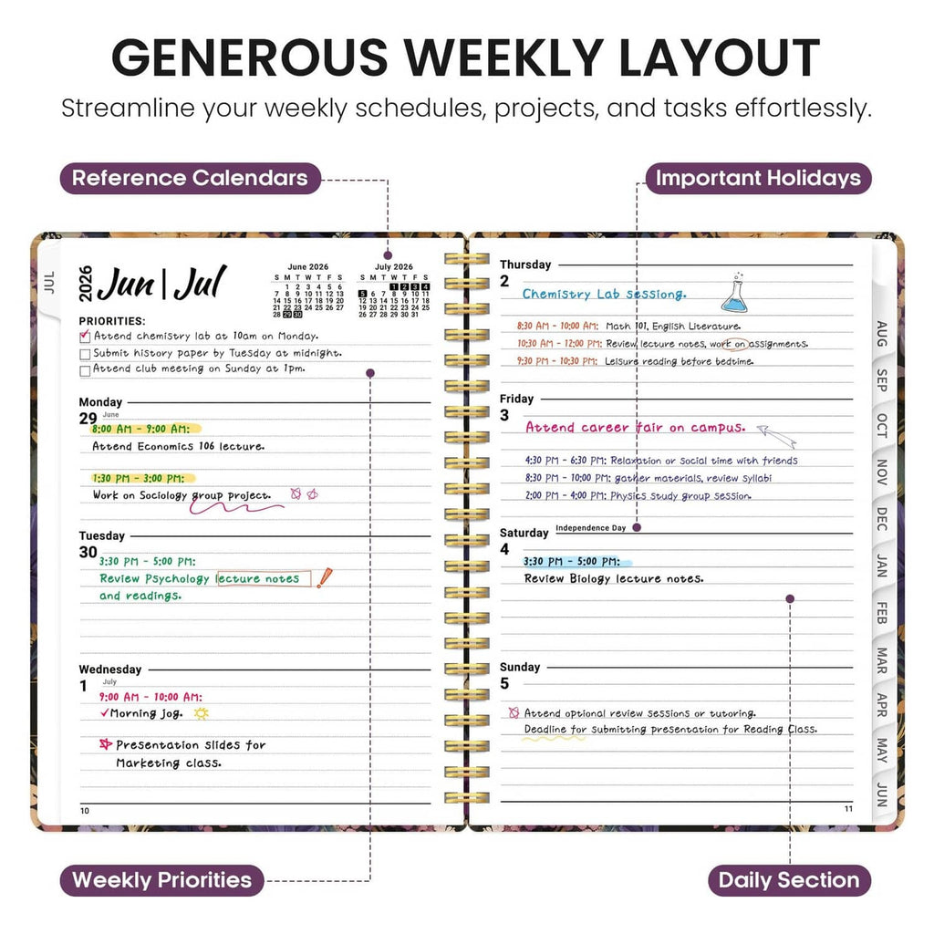 Weekly planner spread with generous weekly layout and priority and daily sections