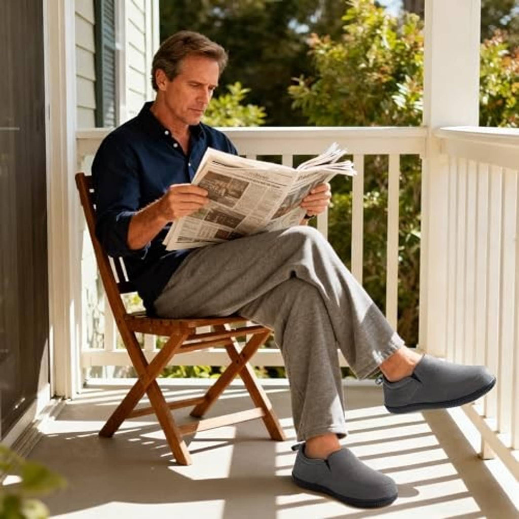 Charcoal closed-back slippers on a man relaxing outdoors, plush-lined slip-on style.
