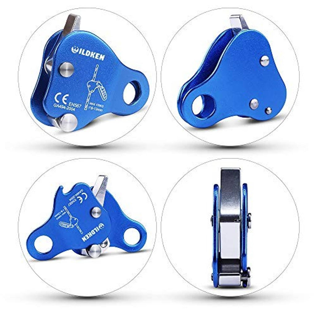 Blue ILDKEN rope grab belay device shown from front, side, and back angles