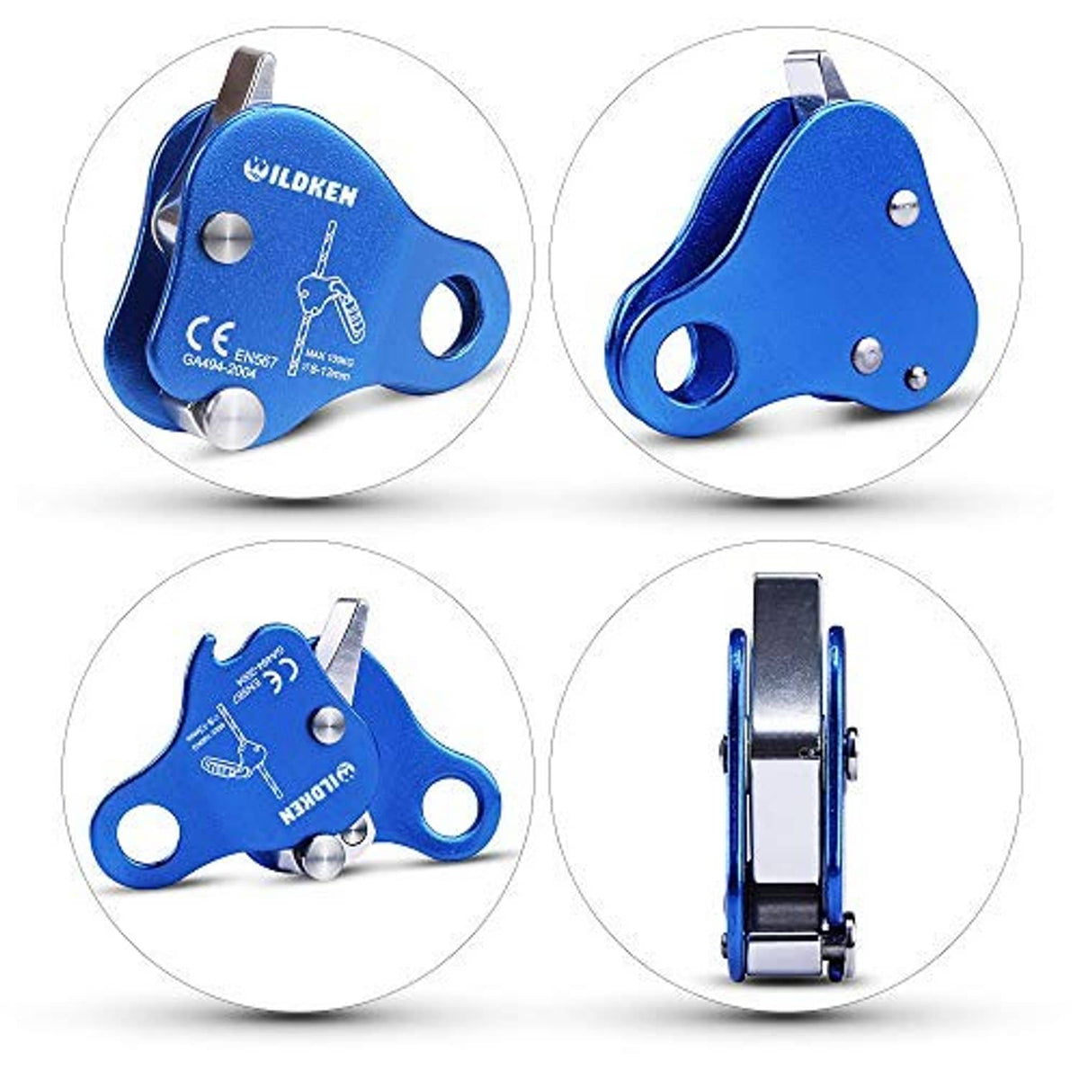 Blue ILDKEN rope grab belay device shown from front, side, and back angles