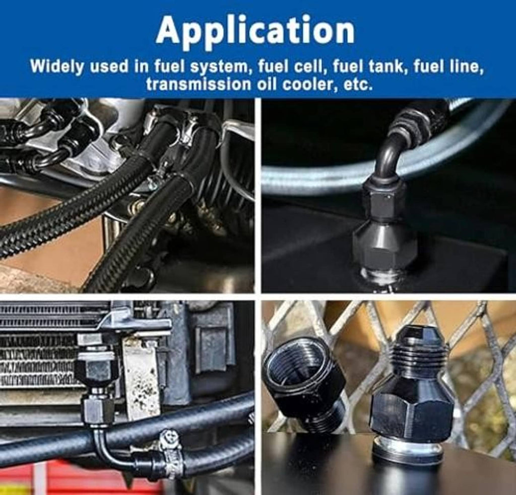 Black aluminum AN flare reducer adapter fitting connected to a hose line