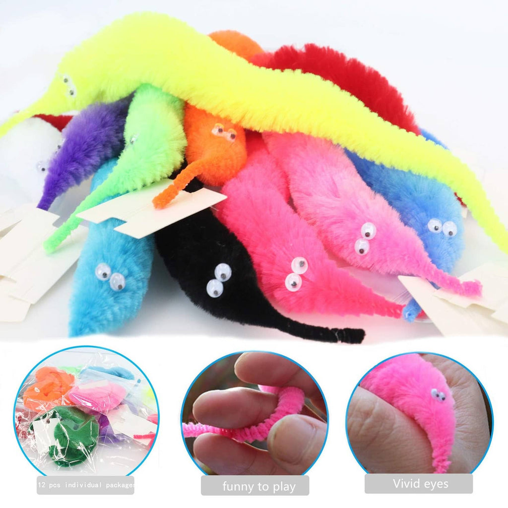 Assorted fuzzy worm toys with invisible strings, multicolor plush bundle